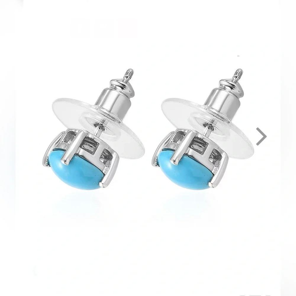 Sleeping Beauty Turquoise Solitaire Stud Earrings in Platinum/Sterling Silver - Picture 5 of 7